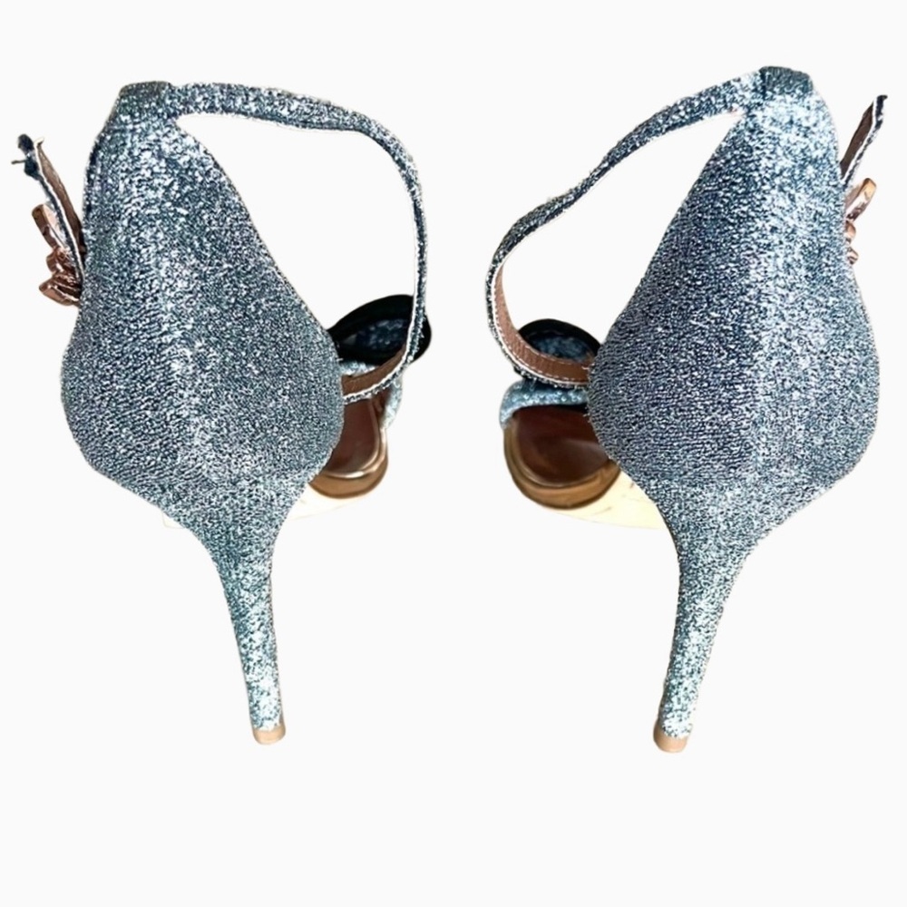 Ted Baker Bowdalo Silver Glitter Heels Black Velvet Bow Ankle Strap EU 37.5 US 7 - Picture 9 of 12